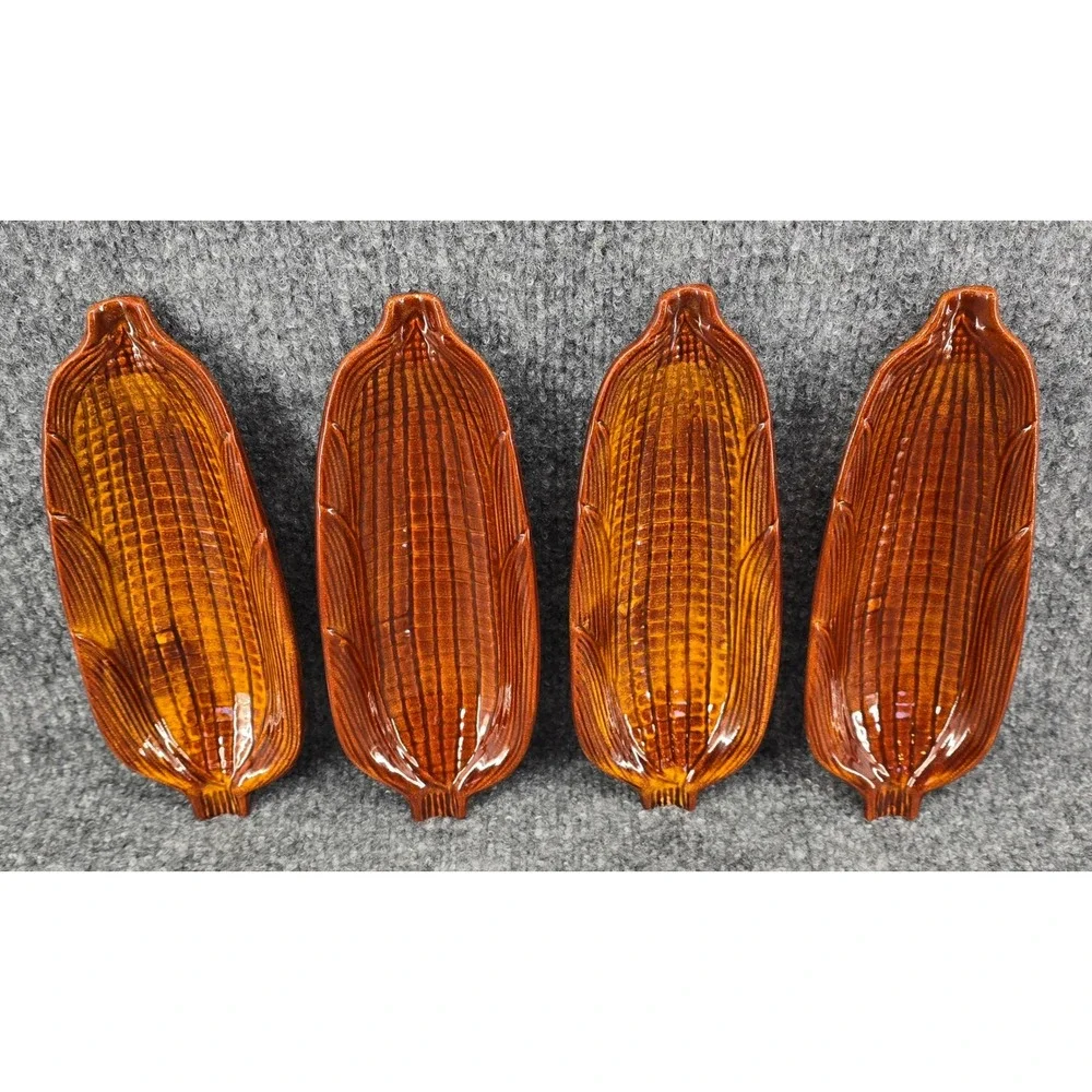 4 Vtg California Pottery USA Corn on the Cob Trays Brown Drip Glaze Ceramic 70s